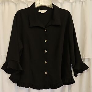 Vintage Nicole Marie Black Ruffle-Hem Button Front Top
